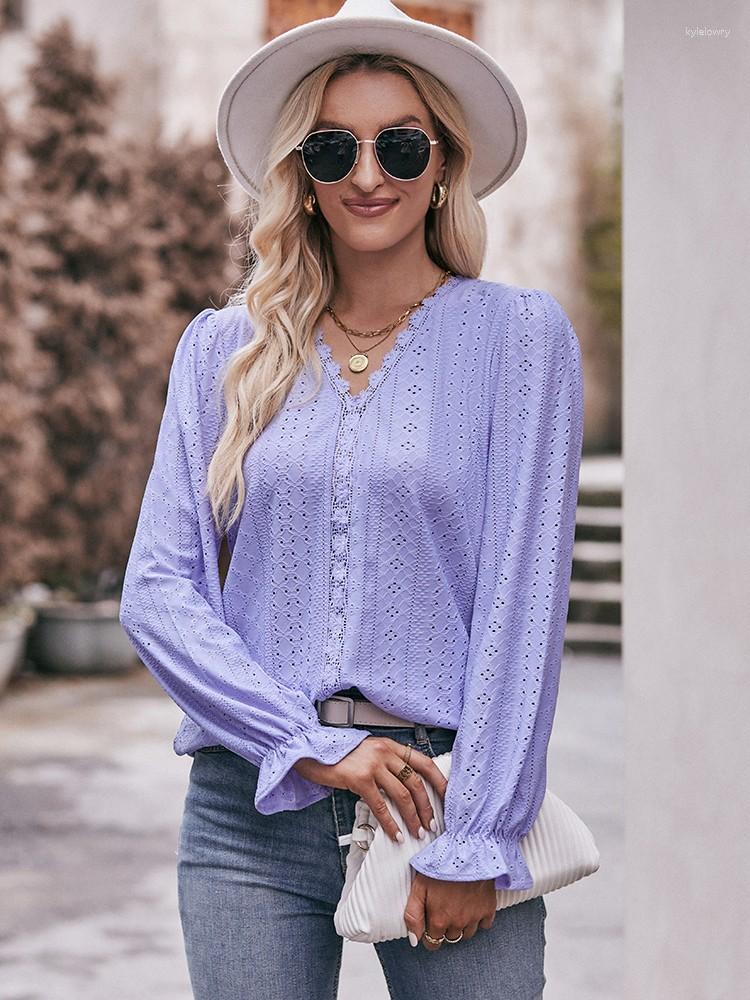 

Women's Blouses Autumn Long Sleeve For Women 2023 Fashion Hollow Out V Neck Elegant Streetwear Tops Plus Size Office Work Lady Shirts, Blue