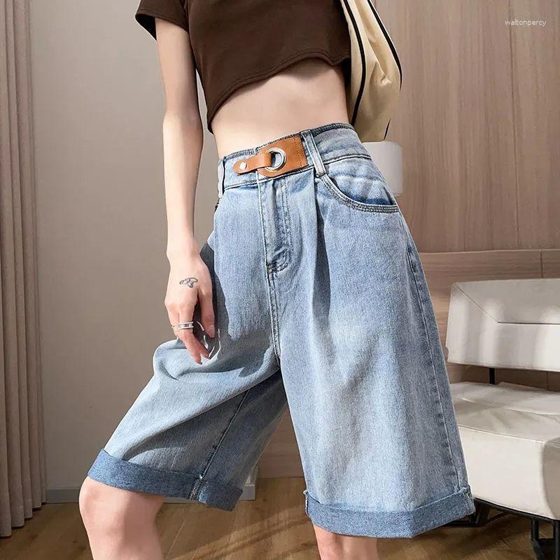 

Women' Jeans Women Fashion Half Denim Shorts High Waist Belted Loose Female Short Summer Casual Streetwear Wide Leg Straight U134, Blue