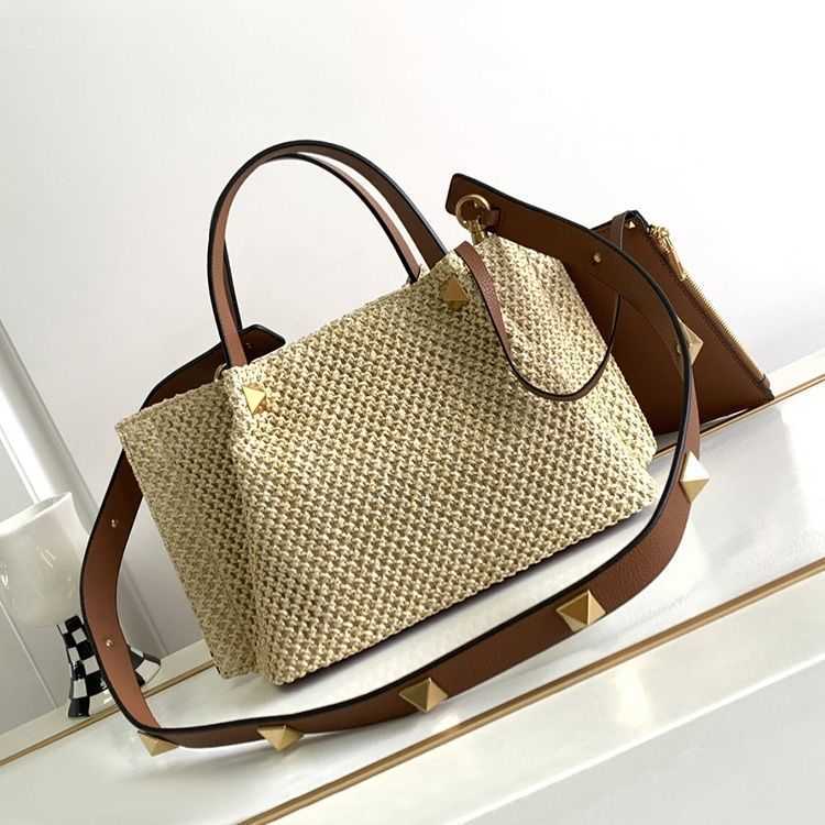 

Bohemian Style Valetino Women Bag JKTH Lafite Woven Tote Bag Vacation Lulu Backpack Minimalist Rivet Handbag Large Capacity One Shoulder Women's Purse Wallet, Black small size 25cm in length