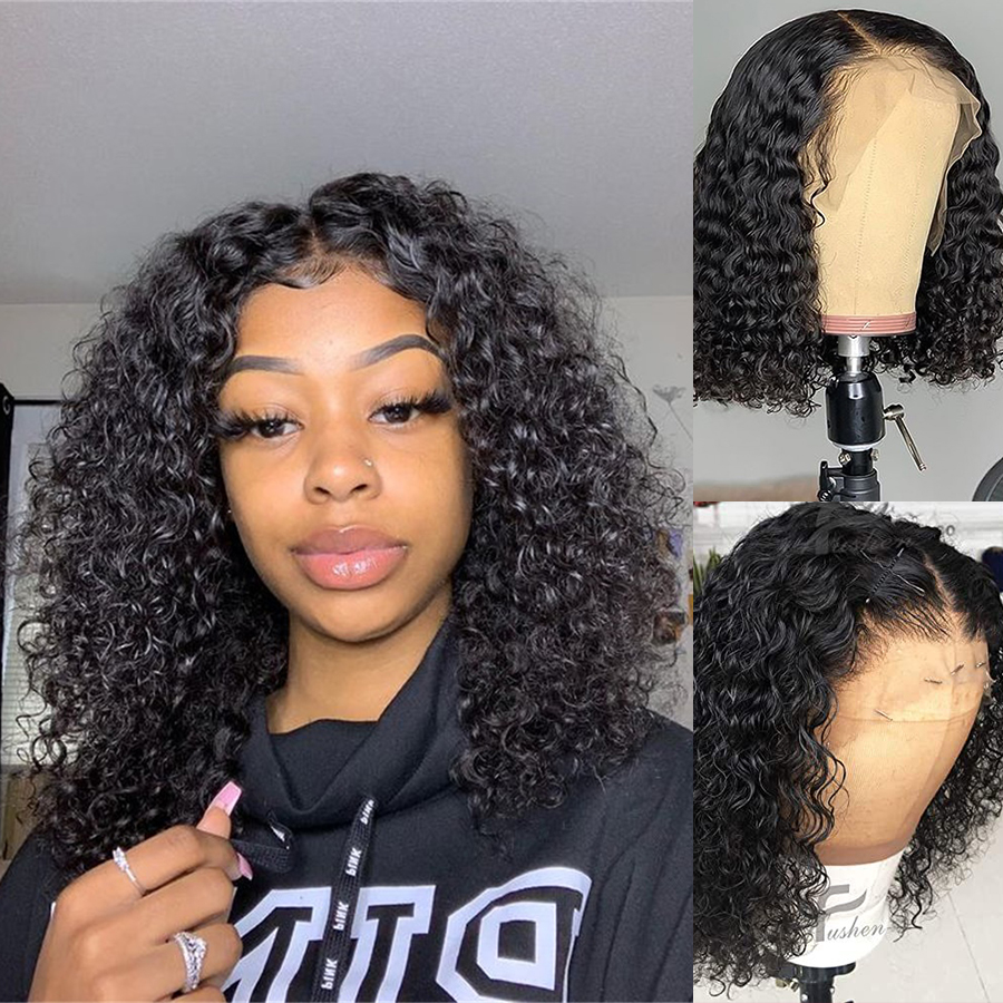

Short Curly Human 13x4 Lace Frontal Wig Peruvian Curly Bob Wig Pre Plucked Remy Lace Front Human Hair Wigs, Natural color
