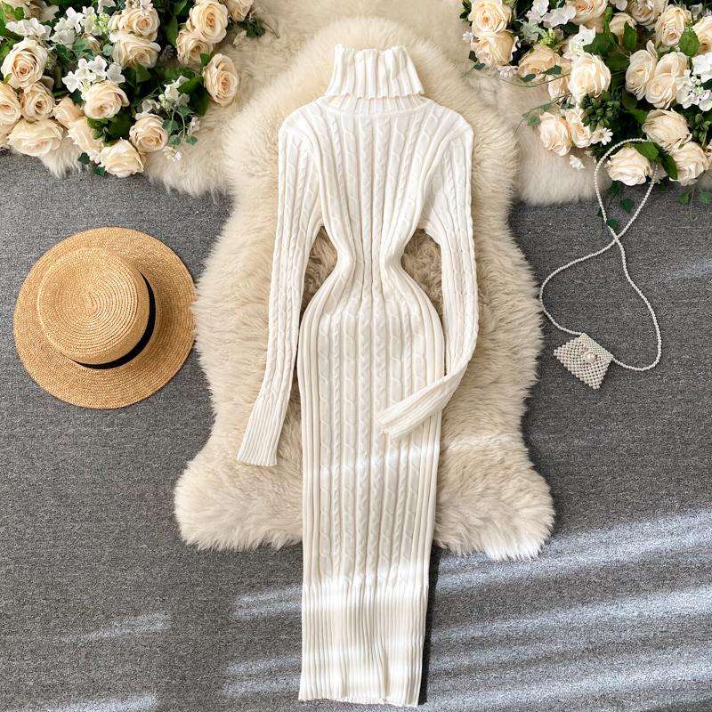 

Casual Dresses Knitted Turtleneck Women's Dress Autumn 2023 Fashion Screw Thread Warm Slim Straight Long Spring Elegant Female Clothing, Black