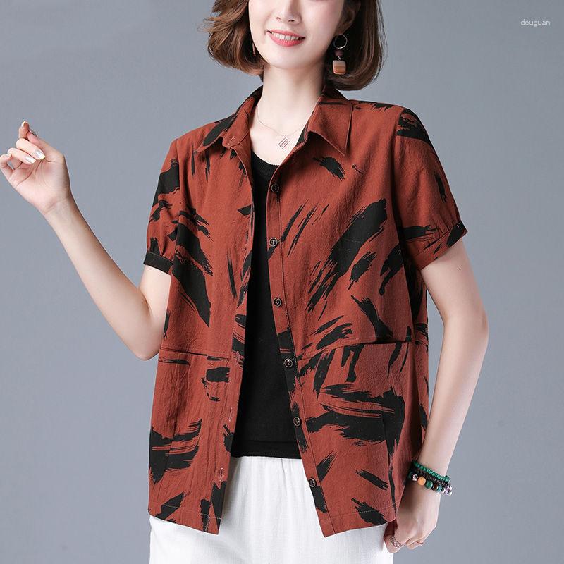 

Women's Blouses Female Clothing Casual Vintage Printed Shirt Summer Short Sleeve Fashion Single-breasted Pockets Commute Turn-down Collar, Caramel