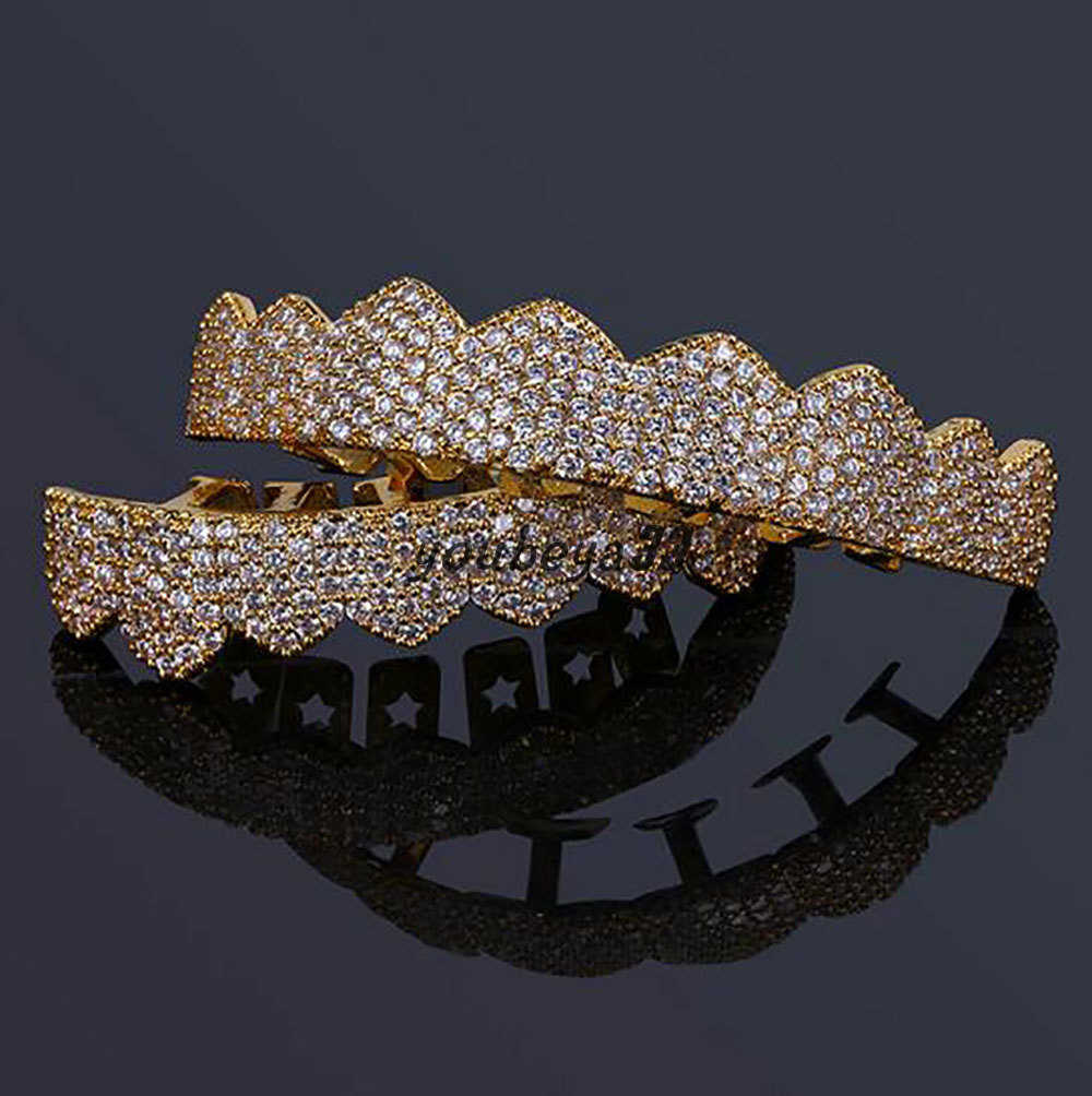 

Iced Out CZ Mouth Teeth Grillz Caps Top Bottom Grill Set Men Women Vampire Grills 18K Gold Plated Rock Punk Rapper Accessories