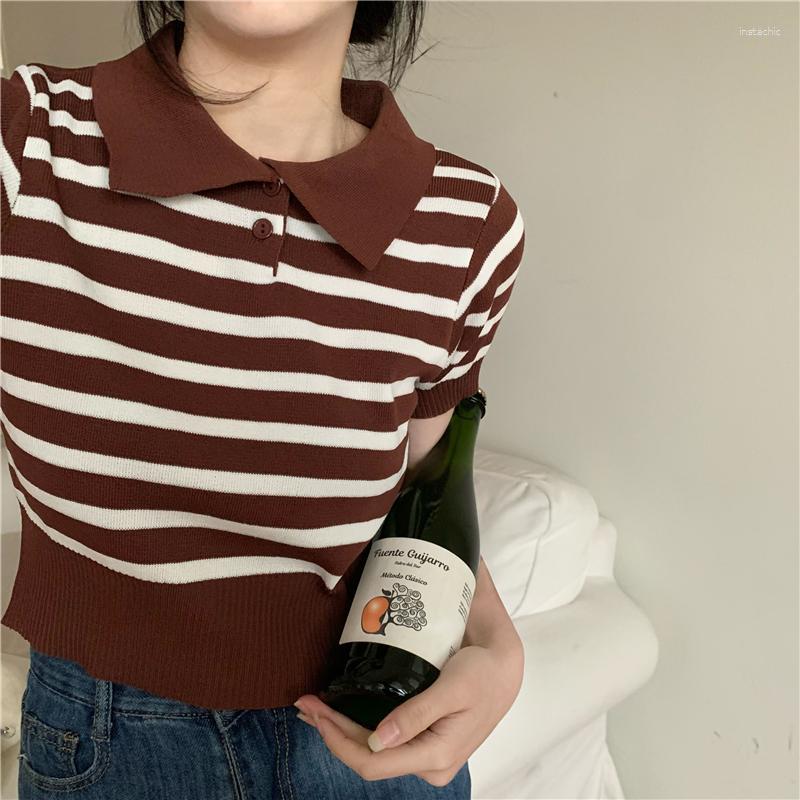 

Women's T Shirts Women's Knitted Short Sleeve Cropped Striped Tshirt Crop Top Girls Summer Polo Collar Thin Sweater TShirts, White stripes