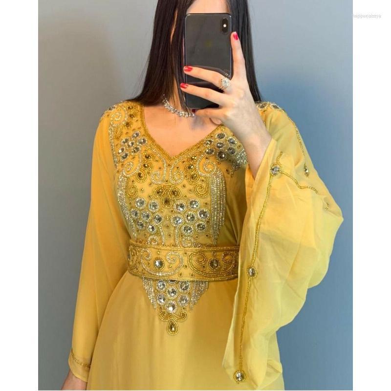 

Ethnic Clothing Yellow African Morocco Formal Beaded Farasa Dress Abaya Women's Dubai Long Shirt European And American Fashion Trends