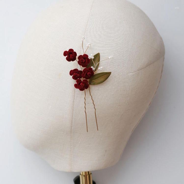 

Hair Clips Wedding Accessories Red Flower Pin Clip Leaf Hairpins For Brides Bridesmaids Vinatge Gold Color Head Pieces Bridal Jewelry