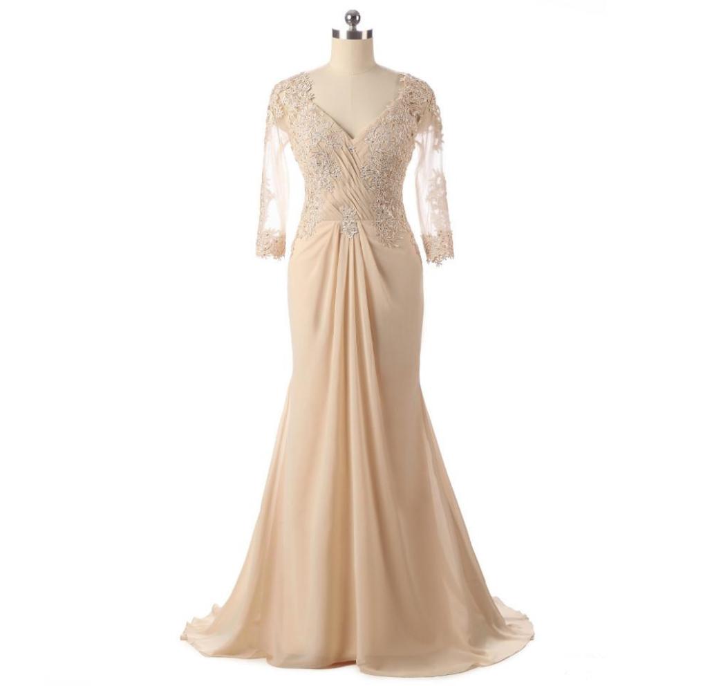 

Actual Po Champagne Mother of the Bride Dresses Transparent Long Sleeve V Neck Beads Lace Chiffon Mermaid Women Formal Gowns5777529