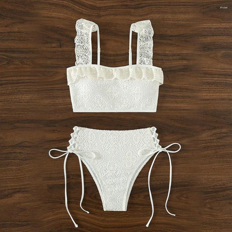 

Women' Swimwear Bikini Set Wire Free Women Swimsuit Quick Drying Push Up Pure Color Lace Summer Bathing Suit, White