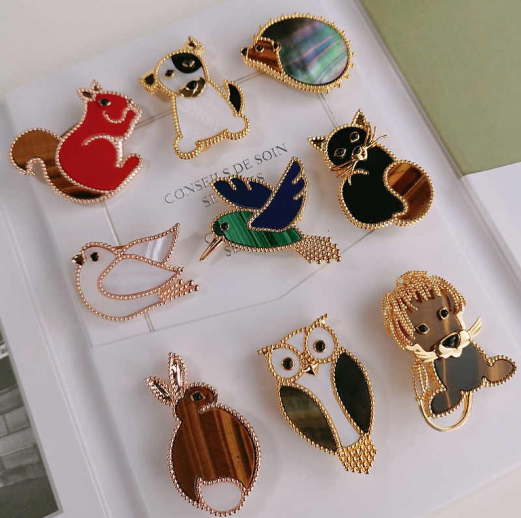 

Top Quality Luxury Brand Pure 925 Silver Jewelry Gold Animals Bird Lion Rabbit Hedgehog Dog Cat Squirrel Owl Gemstone Brooches1348489