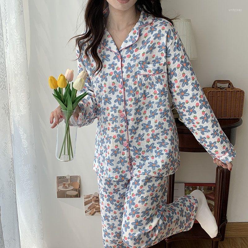 

Women's Sleepwear Cotton Winter Pajamas Printed Ladies Set Loose Thin Lapel Long Sleeves Gauze 2Pcs Homewear, Black