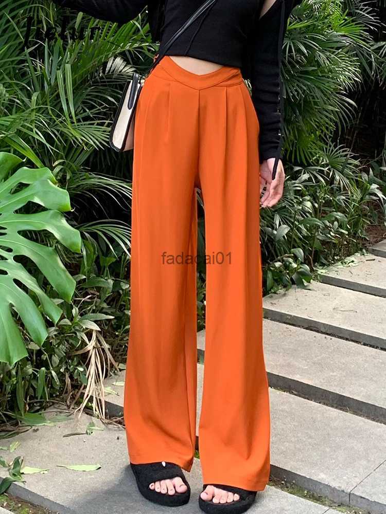 

Jielur New Design Hollow out Waist Wide Leg Suit Pants Female Straight Casual Loose Women' Pants Black Pink Orange Trousers SL L230621