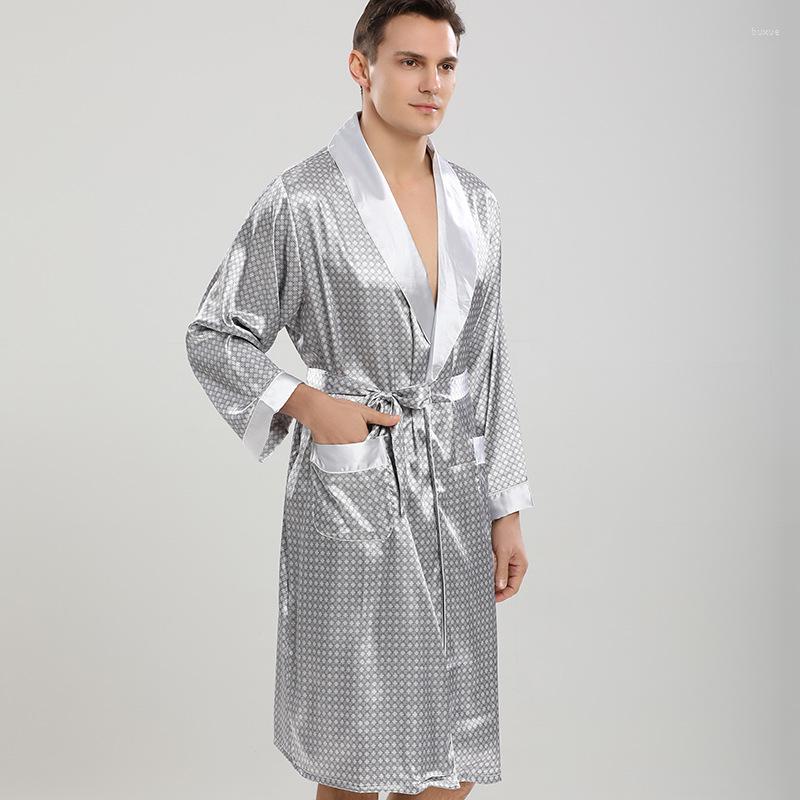 

Men' Sleepwear Men Satin Kimono Robe Set 2Pcs Bathrobe Print Robe&shorts Suit Summer Nightwear Homewear Male Lounge Wear, Sliver