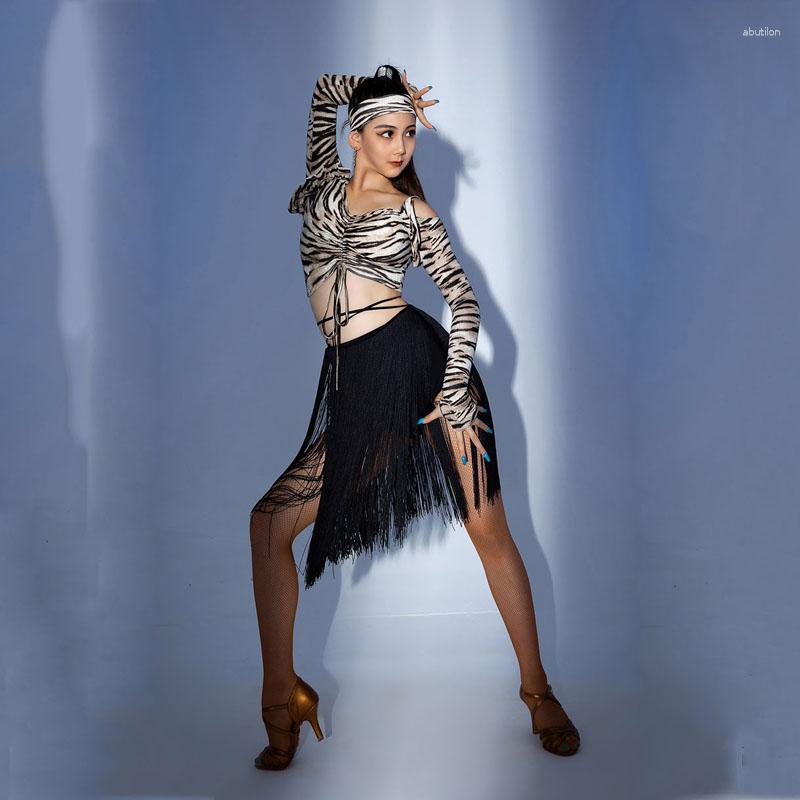 

Stage Wear Latin Dance Sexy Off Shoulder Long Sleeve TopFashion Tassel Dress Practice, Skirt