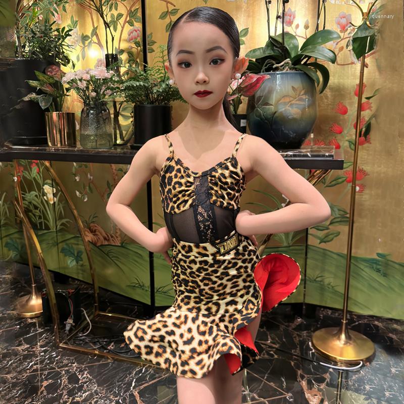

Stage Wear Girls Sleeveless Latin Leopard Dress Dance Competition Chacha Salsa Performance Costume Practice SL8357