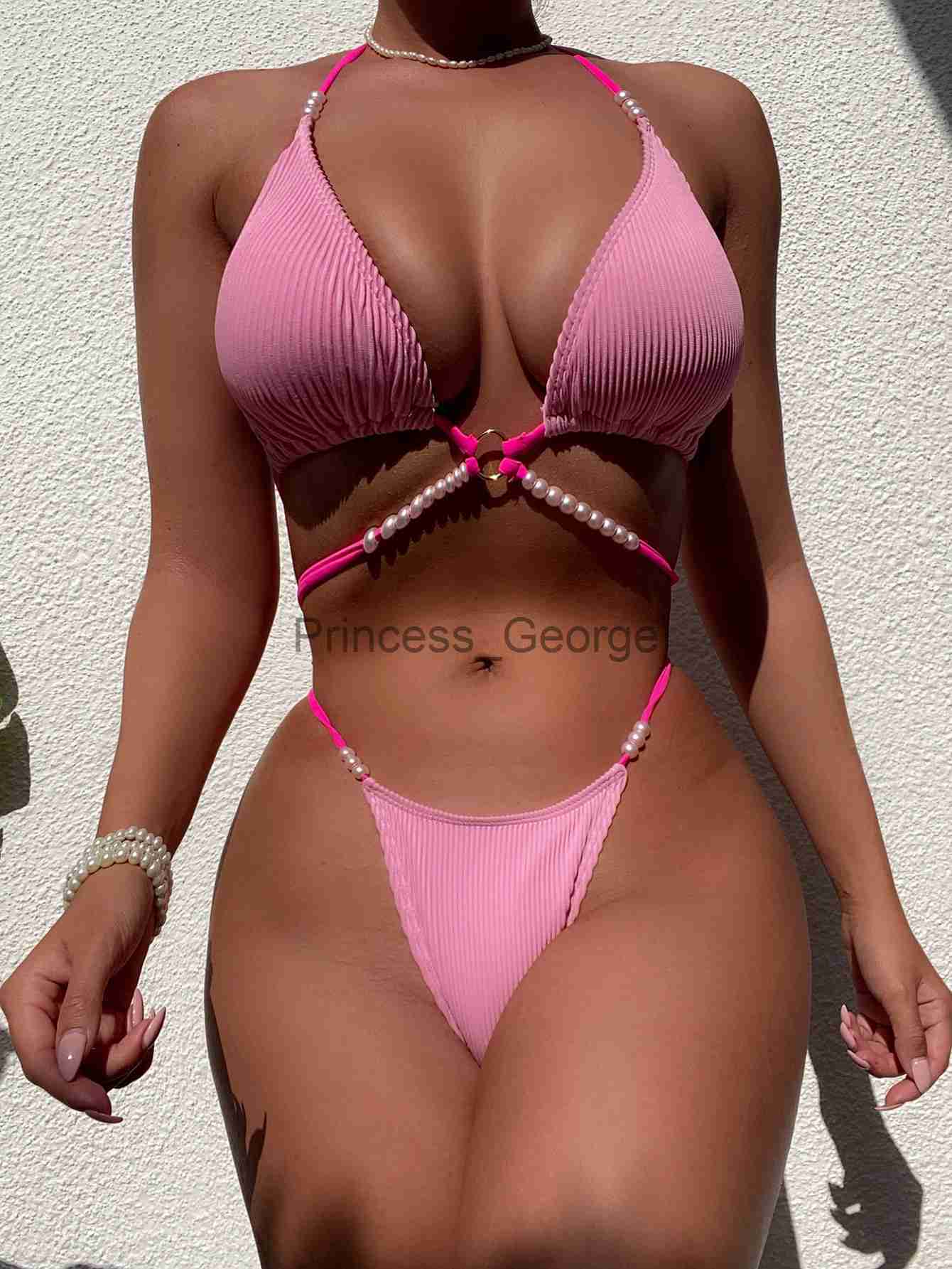 

Women's Plus Size Swimwear Ornaments Sexy Triangle Swimwear Women Bikini Maio Biquinis Swimsuit Mujer Banador Stroj kapielowy Badpak Monokini x0621, Pink
