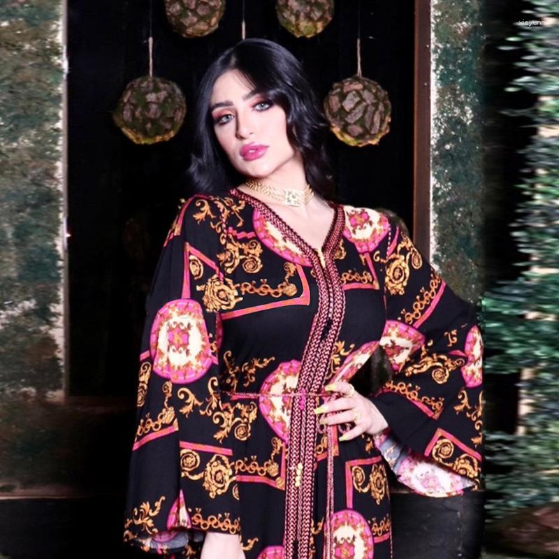 

Ethnic Clothing FridayIn Autumn Printed Apricot Middle Eastern Muslim Women Casual Arab Robe V Neck Fashion Abaya Long Sleeve Knee-length