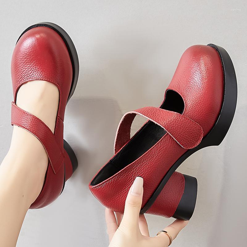 

Dress Shoes High Heels Genuine Leather Pumps Women 2023 Autumn Retro Casual Round Toe Platform Handmade Ladies, Black