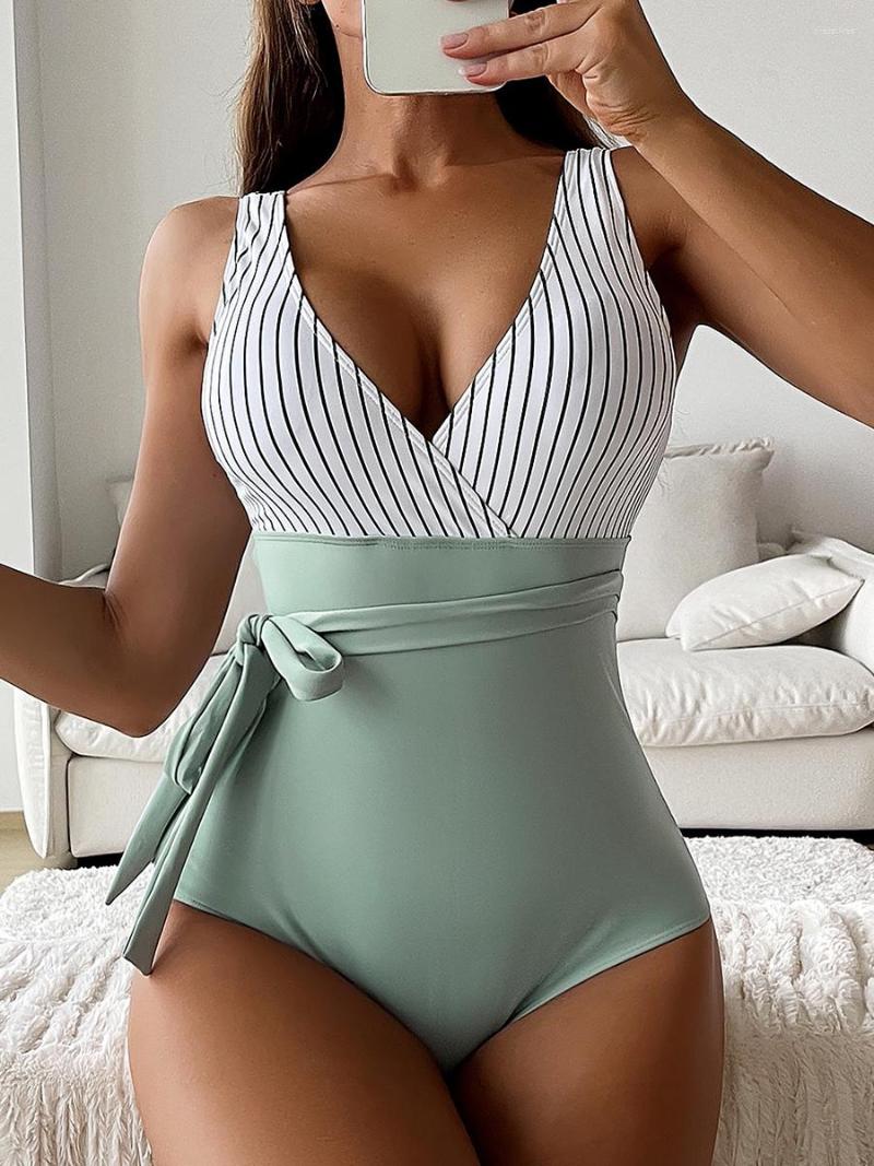 

Women' Swimwear 2023 Striped One Piece Swimsuit Knot Side Women V-neck Bathers Bathing Swimming Swim Suit Female Beachwear Bodysuit, Green