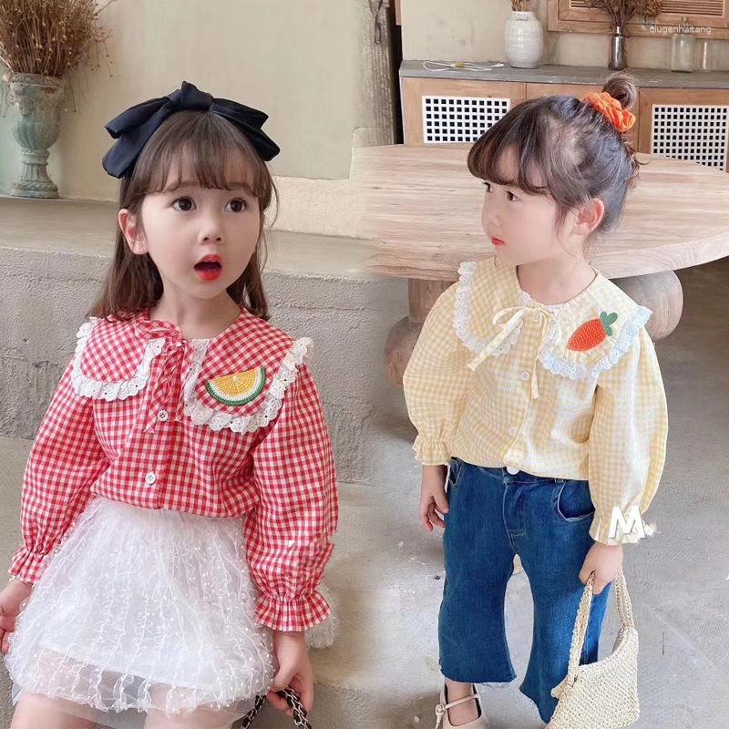 

Jackets 2023 Spring Autumn Girls Plaid Cotton Shirts Sweet Collar Fruit Embroidery Blouses Kids Baby Princess Tops Children Clothes, Yellow