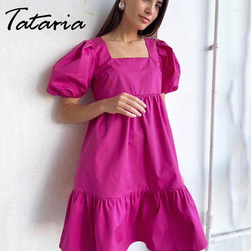 

Party Dresses Summer Pure Cotton Women High Quality Square Neck Puff Sleeve A Line Dress Female Boho Holiday Ruched, Pink