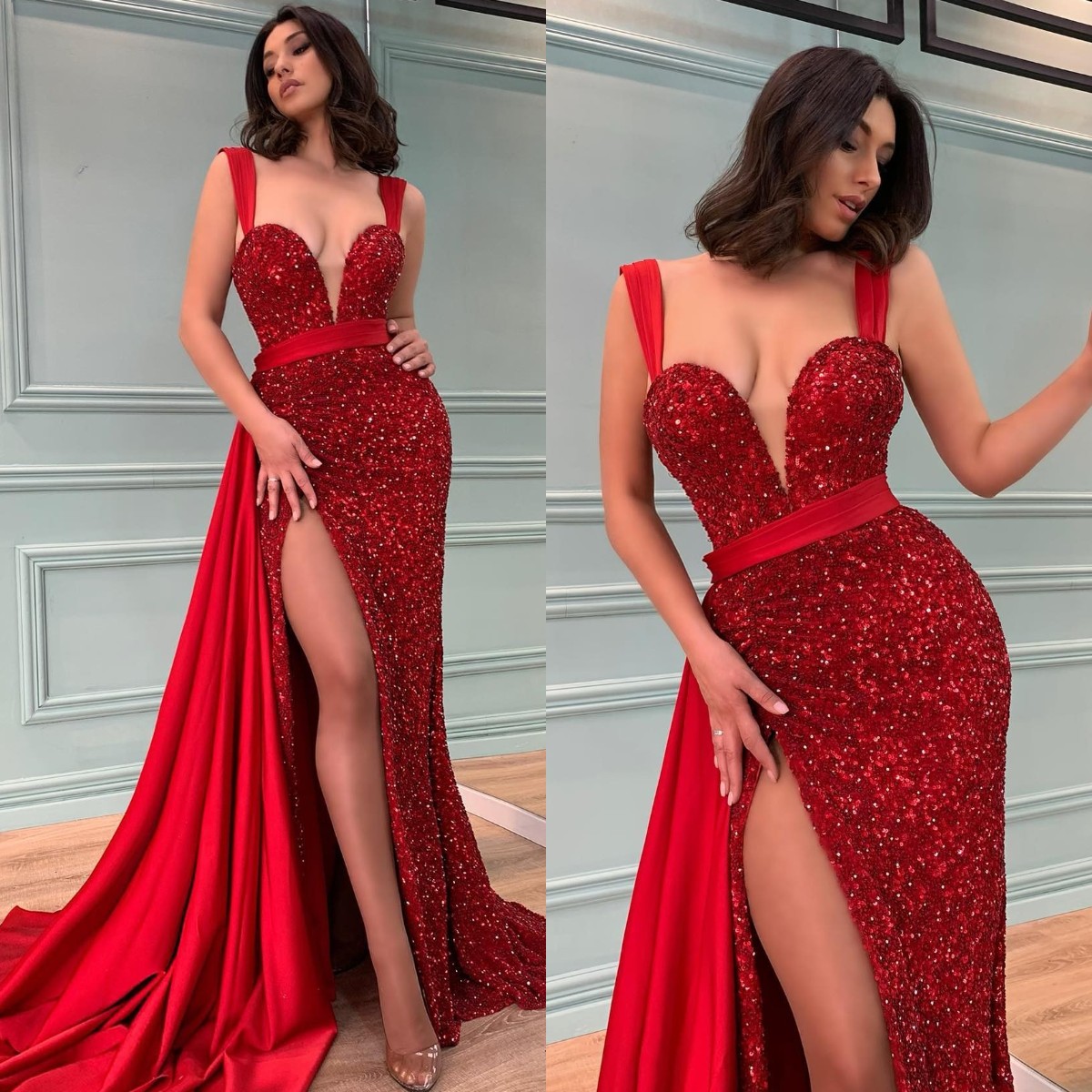 

Sexy Red Sequins Prom Dresses Straps Overskirts Evening Gowns Slit Pleats Formal Red Carpet Long Special Occasion Party dress, Customize