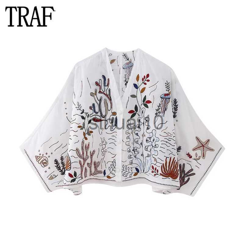 

Women's Blouses Shirts TRAF Embroidery Crop Top Female White Oversize Shirt Women Summer Button Up Shirts for Women Short Sleeve Blouses Women Casual J230621, Embroidery shirt