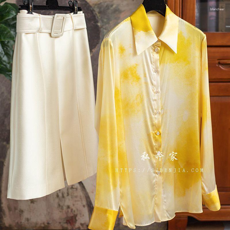 

Women' Blouses Single Breasted Buckle Yellow Printed Lady Office Women Long Sleeve Silk Shirt For