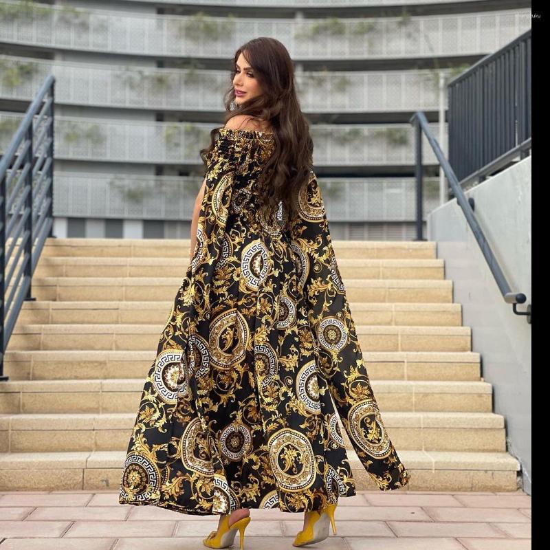 

Ethnic Clothing Sexy Off Shoulder Evening Party Dress Dubai Arabic Print Trumpet Sleeve Maix Dresses Womenlong Robe Kaftan Jilbab Vistidos