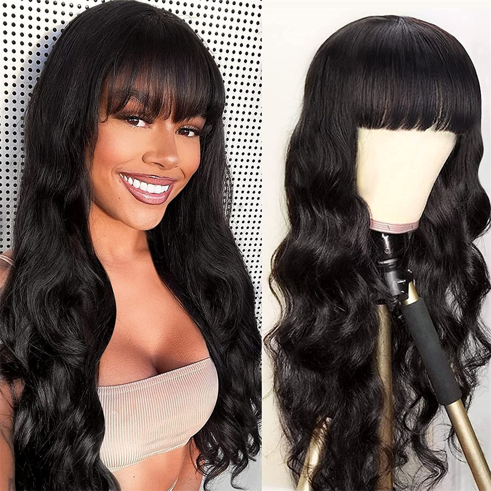 

Fashion Body Wave Wigs Natural Color for Women Glueless Wigs Brazilian Body Wave Remy Human Hair Wigs Machine Made Wig with Bangs