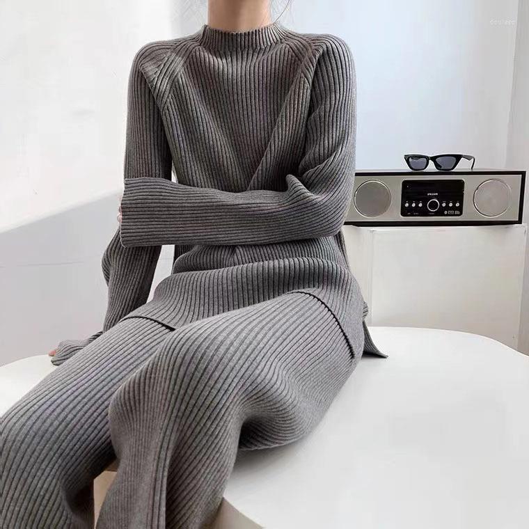 

Women's Two Piece Pants Women Grey Knitted Sweater Set 2 Winter Green Knit Top Pullover Wide Leg Girl Knitwear, Black