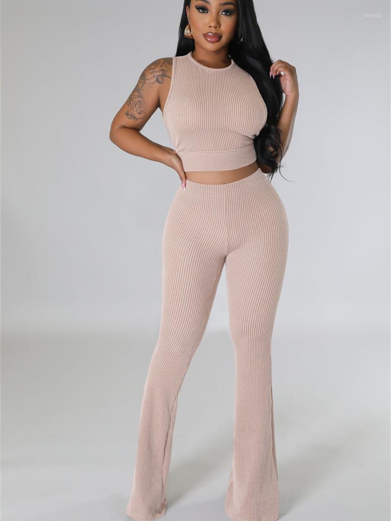 

Women' Two Piece Pants Knit Ribbed Tracksuit Women 2 Set Outfits Summer Clothing Sleeveless Open Side Tank Top And Flare Suit Woman, Black