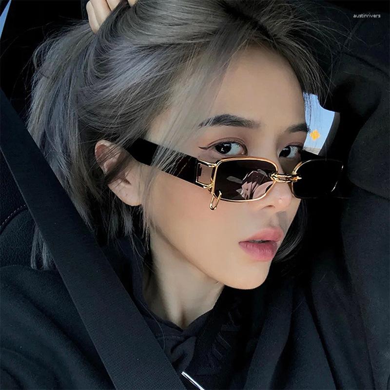 

Sunglasses 2023 Small Frame Metal Square Fashion Personality Ring Buckle Women UV Protection Eyewear 256