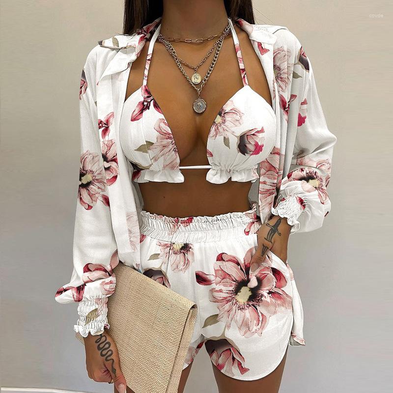 

Women's Sleepwear 2023 Summer Women's 3pcs Suit Fashion Flower Printing Casual Sexy Underwear Pajamas Homewear XXXL Large Size Nightwear, 11