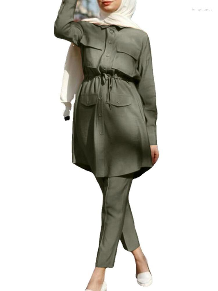 

Ethnic Clothing Pockets Muslim Women Long Tops Islamic Sets Pants Ramadan Prayer Clothes 2 Piece Set Casual Abaya Dubai