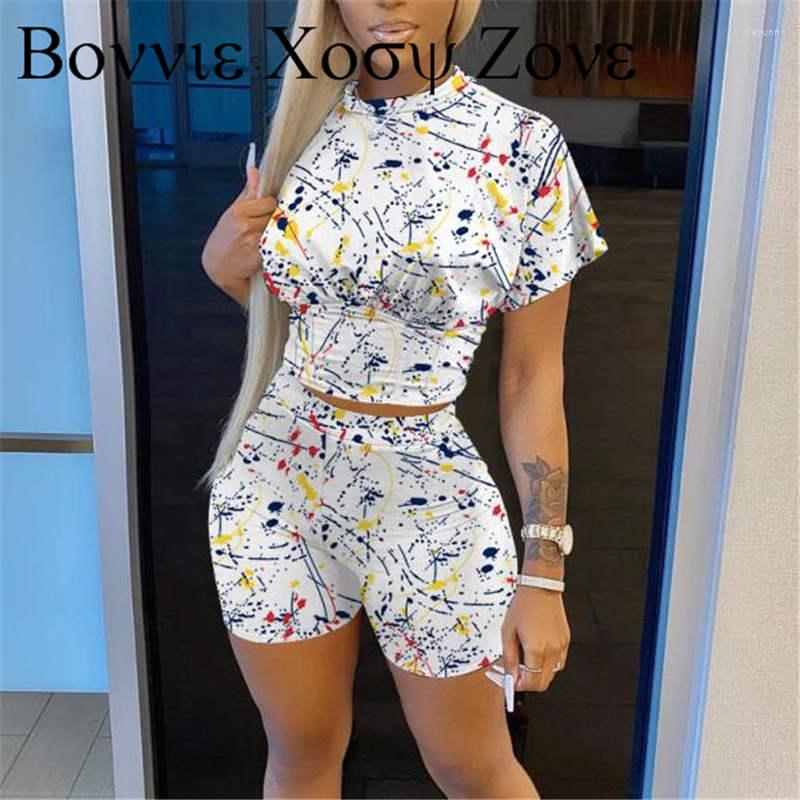 

Women's Sleepwear Women Summer Causal Ink Splash Print Short Sleeve Crop Corset T-shirt & High Waist Shorts Set