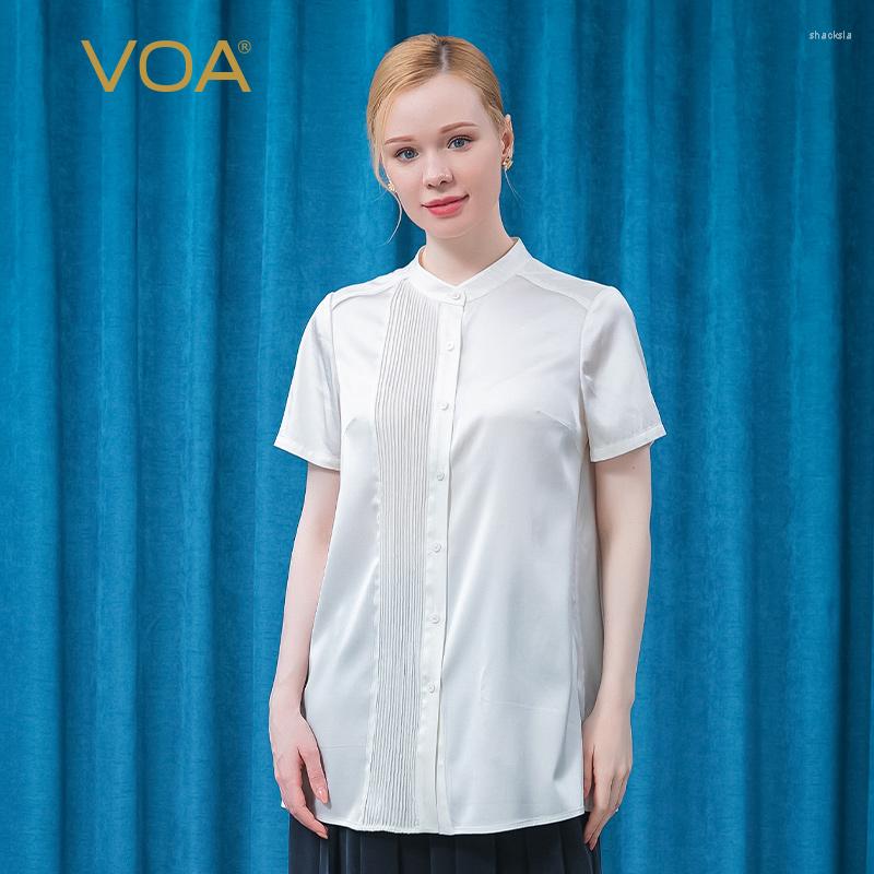 

Women's Blouses VOA Silk Satin Stand Collar Short Sleeve Single-breasted Jacquard Stitching White Smooth Breathable Literary Shirt Summer, W14