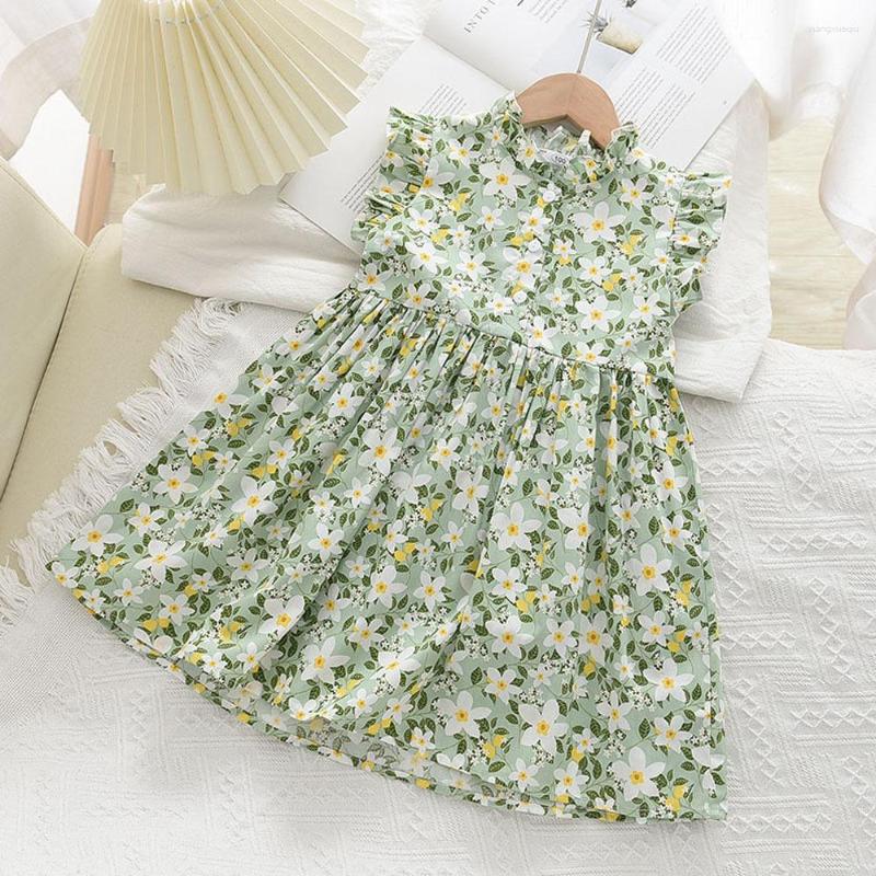 

Girl Dresses Children's Clothing Summer Girl's Dress Stand Collar Flying Sleeve Floral Skirt Fresh Button Doll Baby Clothes, See chart