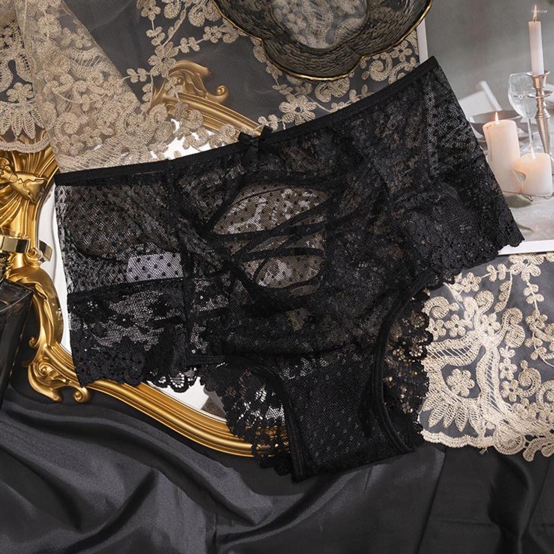

Women's Panties Women Bandage Design Sexy Lace Flower Underwear Mid Waist Transparent Hollow Out Mesh Seamless Briefs L2, Black