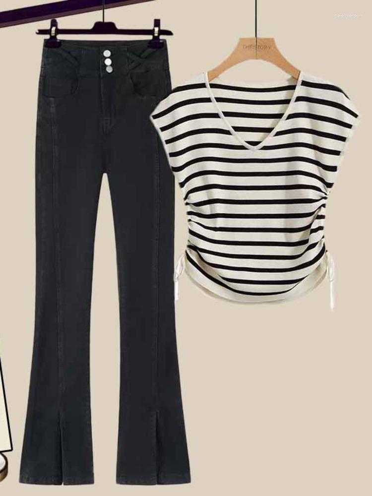

Women's Two Piece Pants Summer Set Women Outfit Korean Casual Striped Shirring Bandage Knitted Top And High Waist Split Flare Denim Pant