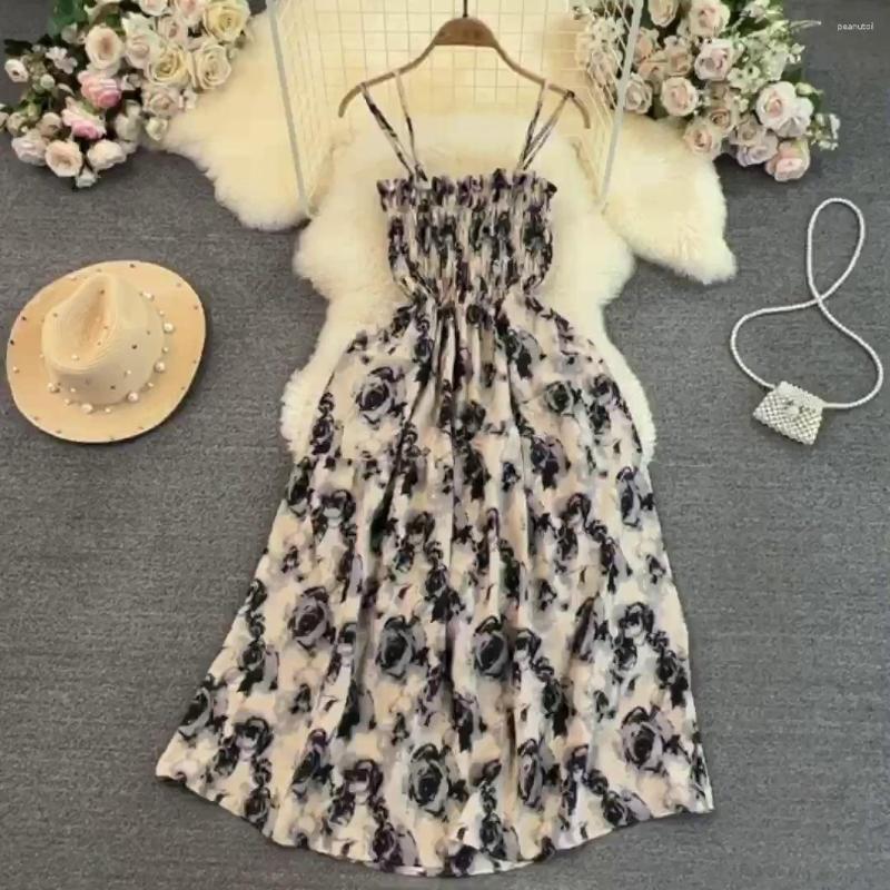 

Casual Dresses French Style Suspender Bra Long Skirt Retro Waist Closing Slim Sleeveless A-line Floral Dress 2023 Summer Women, Black