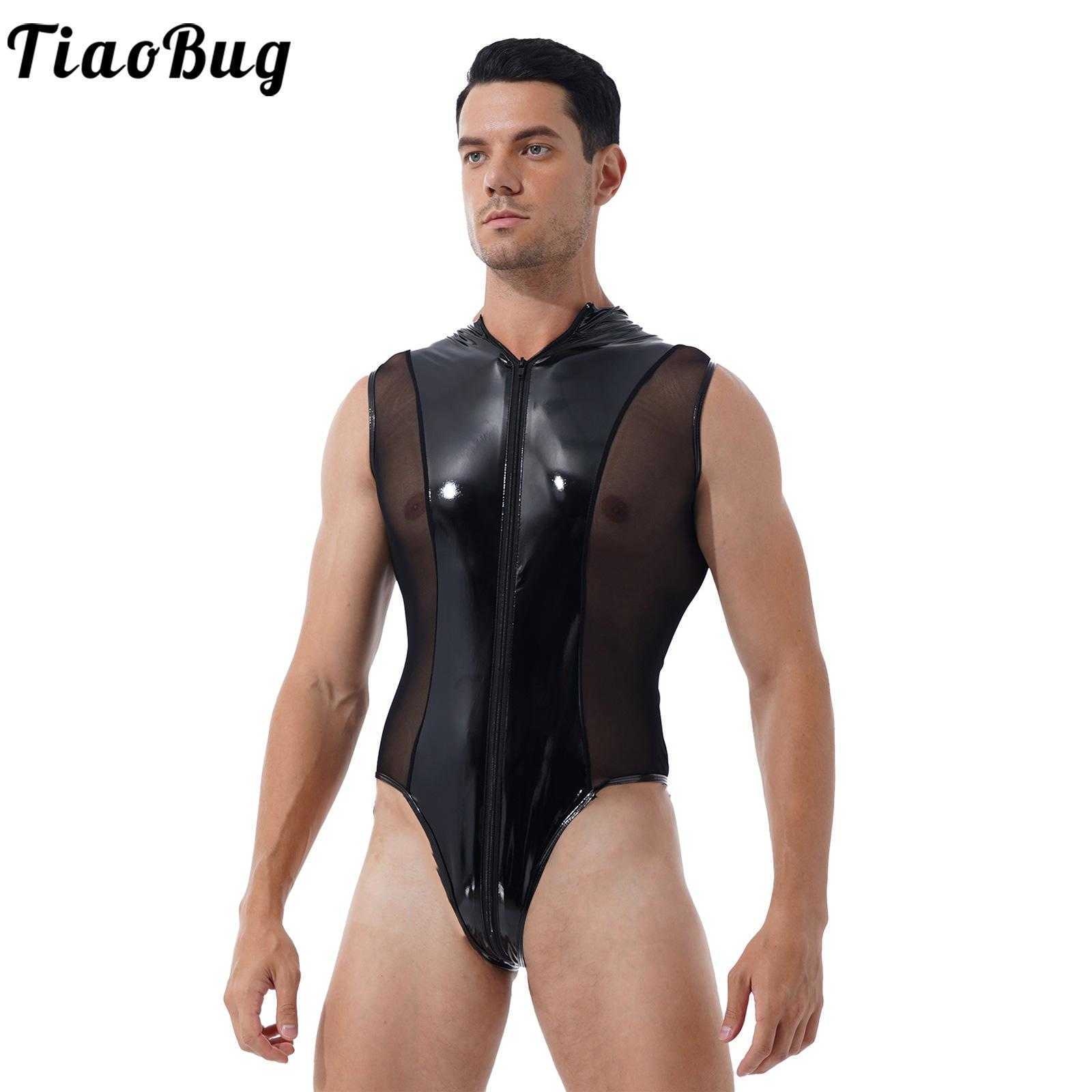 

Men's Swimwear TiaoBug Men's Pole Dancing Party Rave Club Outfits Wet Look Patent Leather Bodysuit Swimwear Zipper High Cut Thong LeotardHKD230621