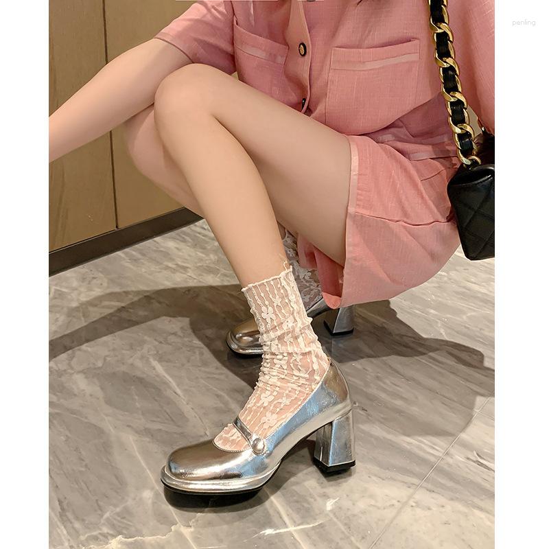 

Dress Shoes Temperament Retro High Heels Square Head Silver Mary Jane Women's Thick X-J32