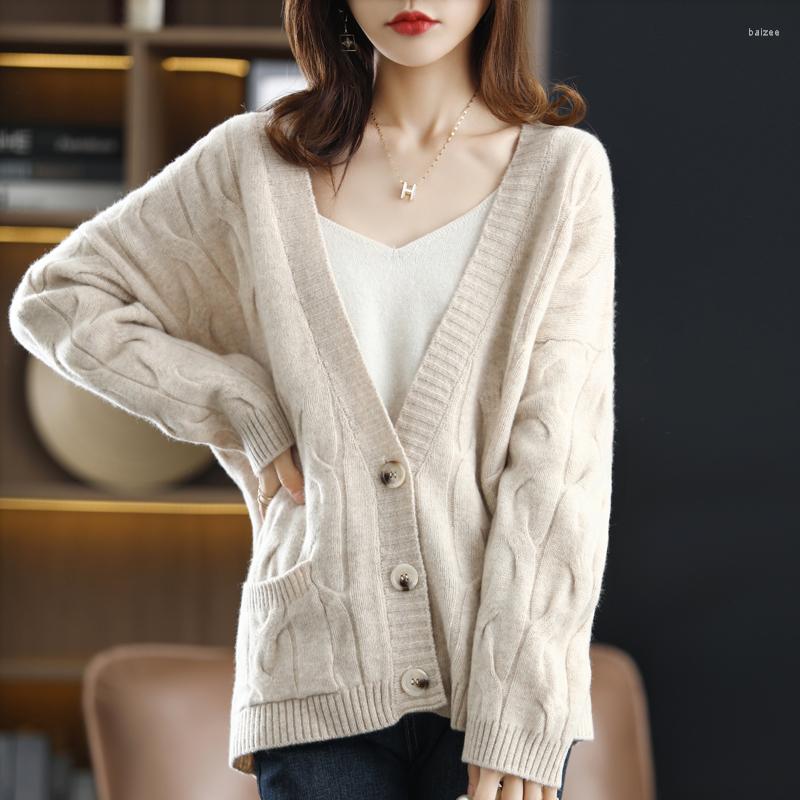 

Women's Knits Women's Knitted Cardigan Jacket Pure Wool Thick Loose V-Neck Twist Cashmere Sweater Korean Fashion Bottoming Long Sleev, Gray