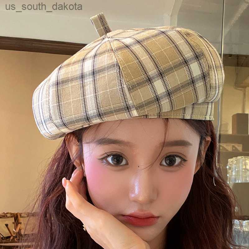 

Fashion Plaid Berets Spring Autumn Hip Hop Hats Women Cotton Vintage Artist Painter Hat Decorative Cap 2023 New High Quality L230523, Gray