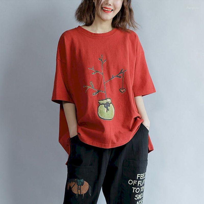

Women's T Shirts 98% Cotton Shirt Women Literary Casual Style Short Sleeve Tops Loose Oversized T-shirt Summer Trend Design Tshirt Slimming, Orange red