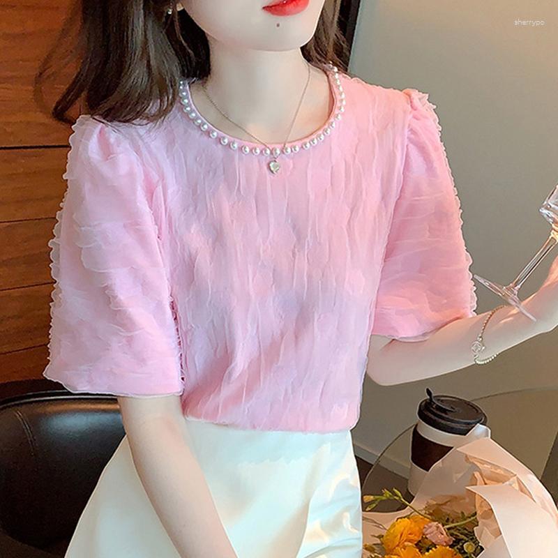 

Women' Blouses O-neck Elegant Summer Lace Blouse Puff Short Sleeve Women Korean Beading Shirts Sweet Pleated Casual Loose Tops Blusas 27169, Pink