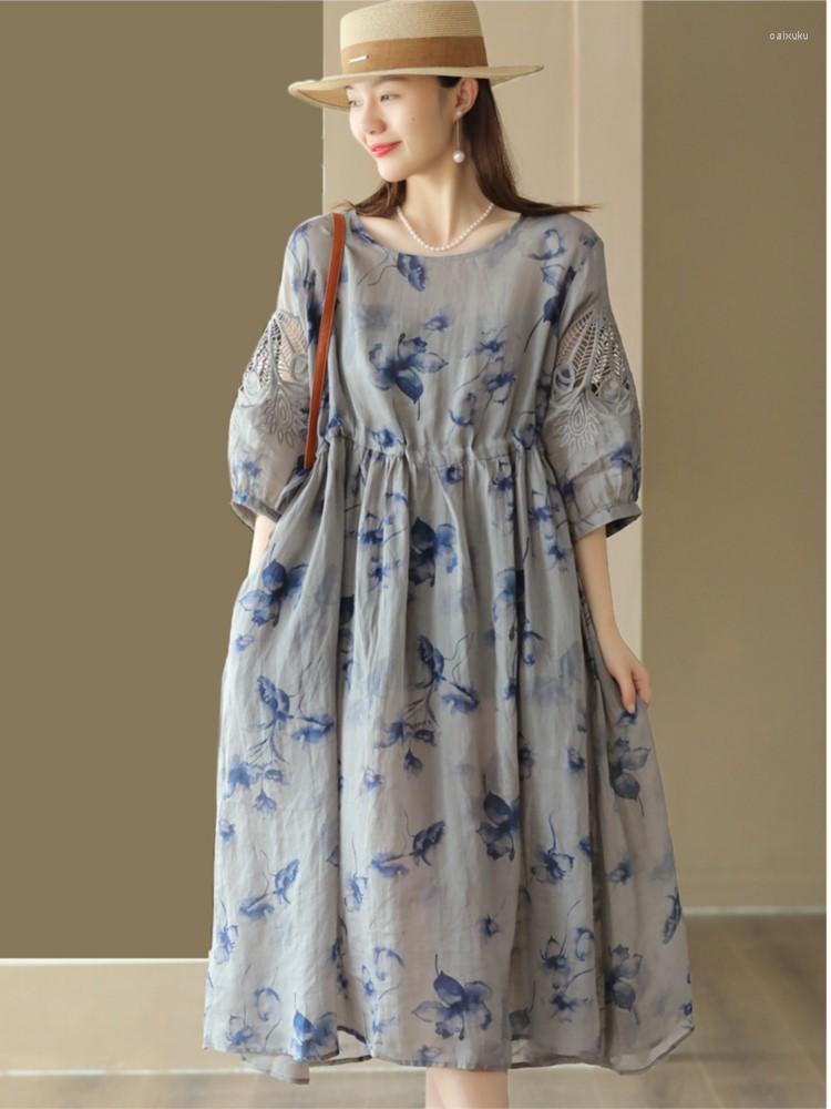 

Party Dresses Summer Ramie Hollow Out Embroidery Print Dress 2023 Women O-Neck Short Sleeve Drawstring Retro Simple Casual, Purple