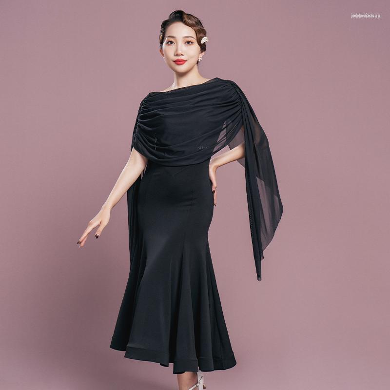 

Stage Wear Floating Sleeves Ballroom Dance Competition Dress Women Cha Rumba Samba Modern Dresses Practice DWY9010, Black