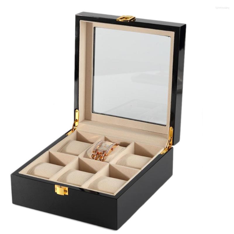 

Jewelry Pouches SCS 6 Compartment Glass Lid Black Storage High Gloss Men Display Case Organizer Wooden Watch Box