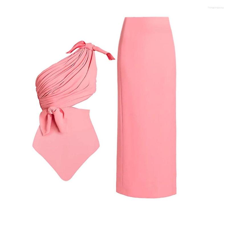 

Women' Swimwear Plain Women One Shoulder One-Piece Swimsuit & Ankle-Length Dress Chic Hollow Out Bowtie Summer Split Cover Up BeachWear, Gold